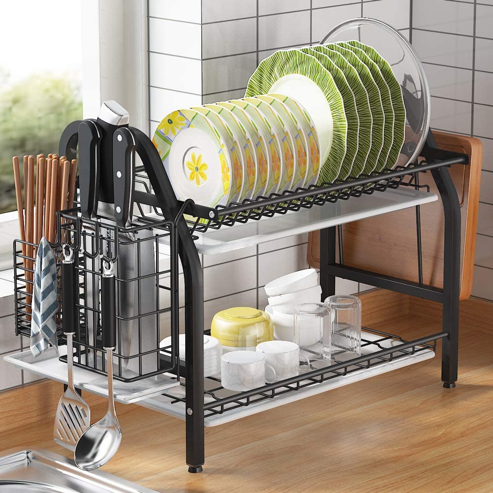 Dish Drying Rack, 1Easylife 2 Tier Dish Rack Stainless Steel with Utensil  Knife Holder and Cutting Board Holder Dish Drainer with Removable Drain  Board for Kitchen Counter Organizer Storage Black -1easyLife Home